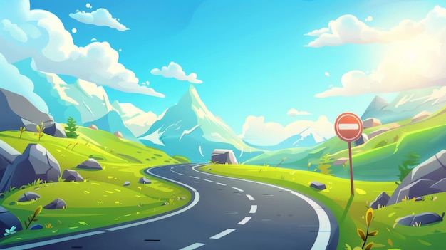 Ilustracja kreskówkowa krajobrazu letniego dnia z skalistego wzgórza i asfaltowej autostrady z pustą krętą drogą w górach na słonecznym niebie