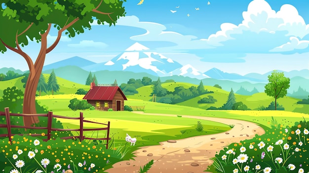Ilustracja kreskówkowa krajobrazu wiejskiego z kręconą ścieżką i małą chatką