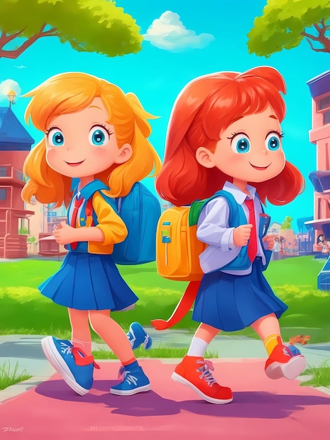 ilustracja kreskówkowa przedstawiająca dwie dziewczyny z plecakiem i tabliczką z napisem