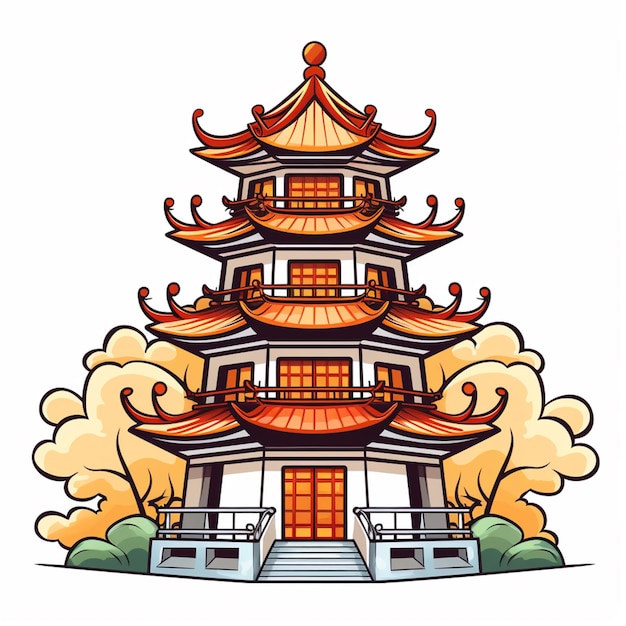 ilustracja kreskówkowa przedstawiająca pagodę z czerwonym dachem i żółtym dachem generatywnym AI