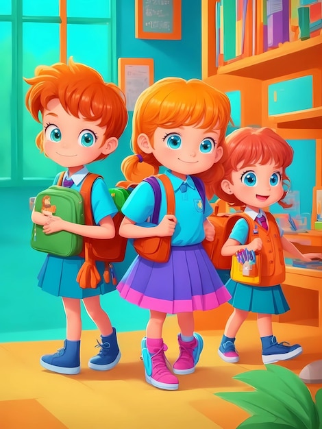 ilustracja kreskówkowa przedstawiająca trójkę dzieci z plecakami i książką zwaną szkołą.