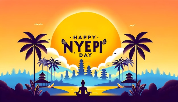 Ilustracja kreskówkowa spokojnej sceny z balijską sylwetką świątyni na dzień nyepi