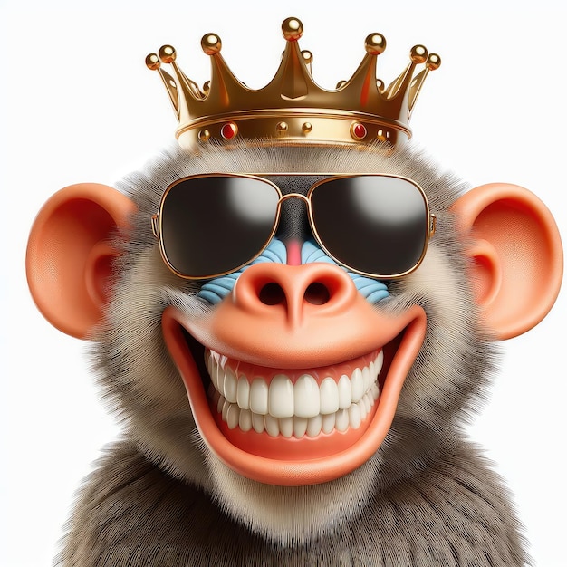 Ilustracja kreskówkowego króla małpy noszącego koronę i okulary przeciwsłoneczne stworzona za pomocą generatywnej technologii sztucznej inteligencji