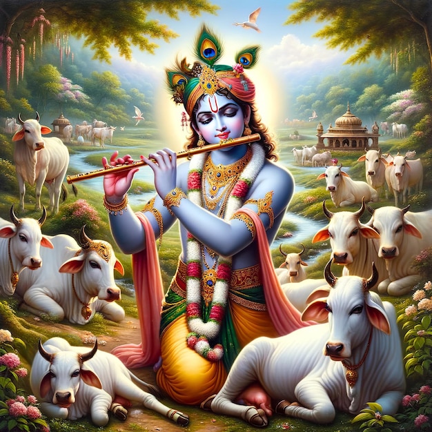 Ilustracja Krishna Janmashtami shree krishna z krową w tle