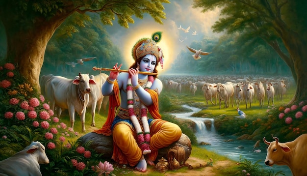 Ilustracja Krishna Janmashtami shree krishna z krową w tle