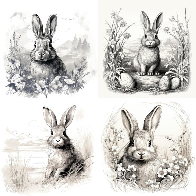 Ilustracja królików w stylu grawerowania koncepcja Wielkanocna na białym tle dla wydruku kartek lub książek dla dzieci
