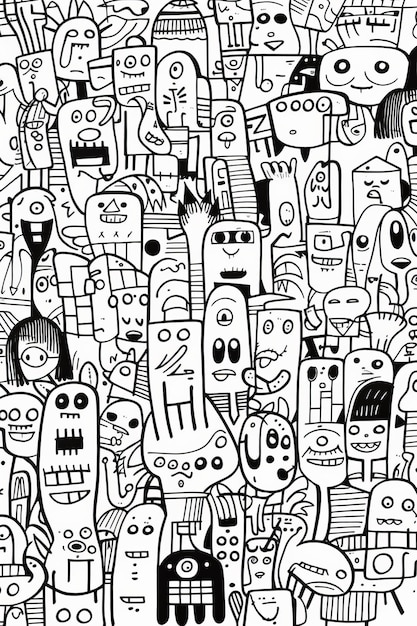 Zdjęcie ilustracja książki do kolorowania doodle crowd cute alien monster stworzony za pomocą technologii generative ai