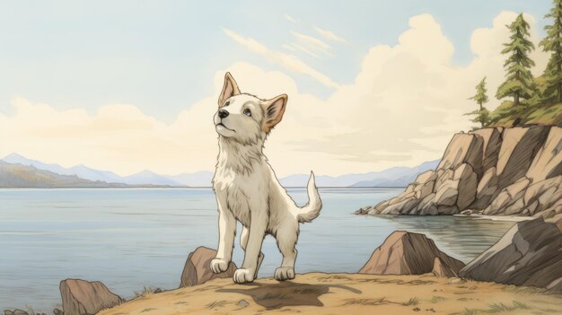 Ilustracja książki Nostalgic Children39s Biały pies na skałach przy oceanie