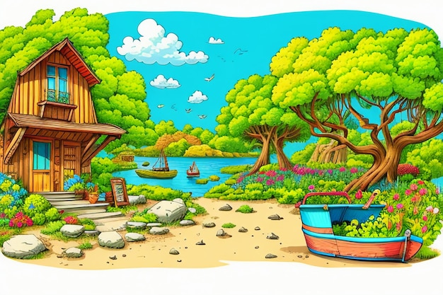 Ilustracja książki obrazkowej dla dzieci. Śliczna kreskówka anime tapeta ilustracja tło