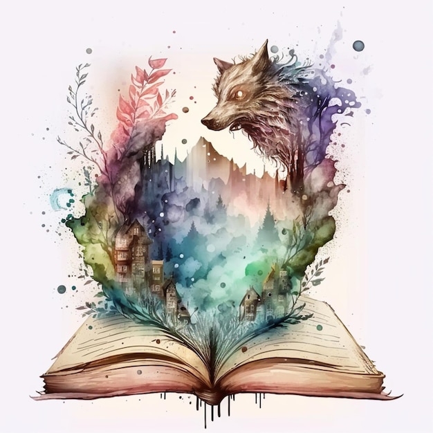 Zdjęcie ilustracja książki z wilkiem i zamkiem w tle generatywnej ai