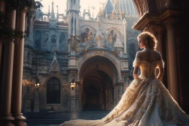 Zdjęcie ilustracja księżniczka fantazji w pięknej sukience i magiczny zamek w tle kobieta królowa sylwetka długa spódnica pociągu.