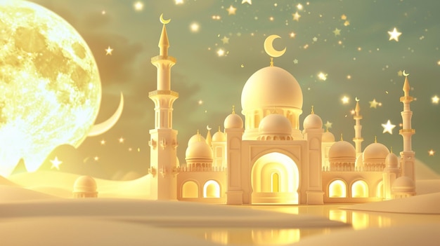 ilustracja księżyca, gwiazd i meczetu na tle lub baner do powitania miesiąca Ramad