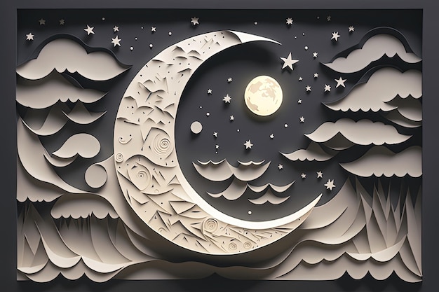 Ilustracja księżyca i gwiazd wykonana w ciemnoniebieskim tle wycinanki z papieru Generative AI