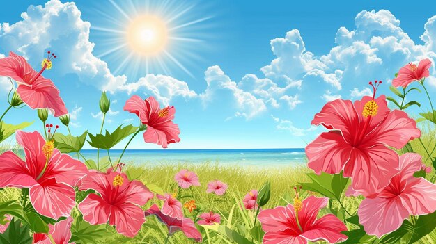 Zdjęcie ilustracja kwiatów hibiskusa na letniej plaży