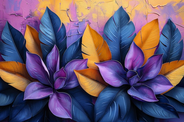 Ilustracja kwiatowa z złotymi elementami akwarele obrazy teksturowane tło Ręcznie rysowane rośliny Kwiaty tropikalne Liście Odciski tapety plakaty malowidła ścienne