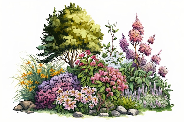 Ilustracja kwitnącego ogrodu z kwiatami i owadami