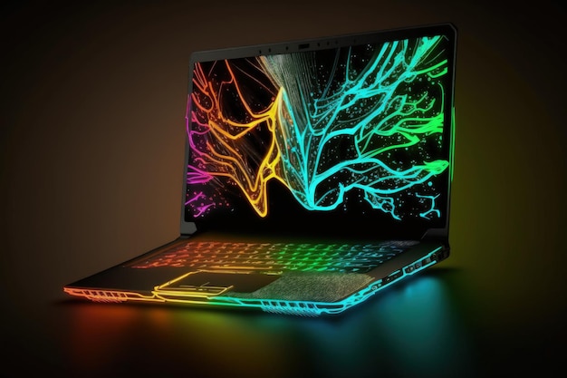 Zdjęcie ilustracja laptopa dla graczy kolorowe neony czarne tło generatywna sztuczna inteligencja