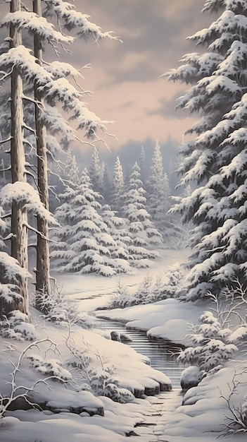 Ilustracja lasu pokrytego śniegiem