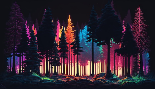 Ilustracja lasu sosnowego z neonowym blaskiem i żywym