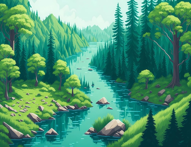 Ilustracja lasu tropikalnego z rzeką Generative ai