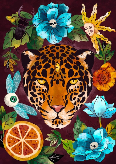 Ilustracja leoparda otoczonego surrealistycznymi przedmiotami kwiaty kości owoce ezoteryczne psychedeliczne