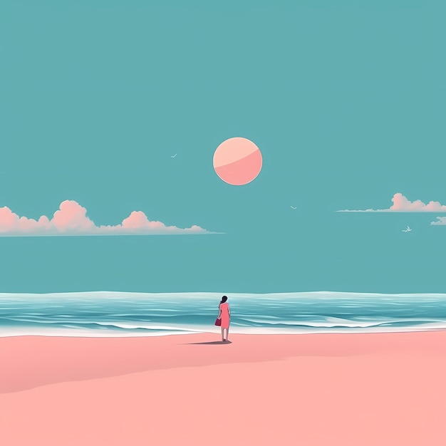 Ilustracja letniego dnia na plaży niebieskie niebo i morze czyste ilustracja prosty rysunek w pastelowych kolorach
