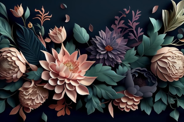 Ilustracja letniej lub wiosennej łąki z kolorowymi kwiatami AI