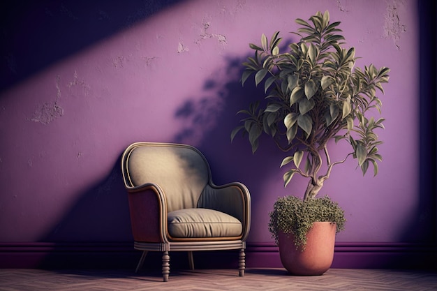 Ilustracja liliowego fotela ściennego i rośliny doniczkowej Generative AI