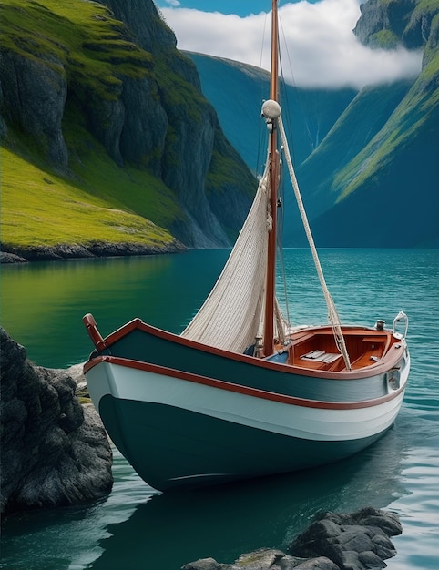 ilustracja łodzi w norweskich fiordach