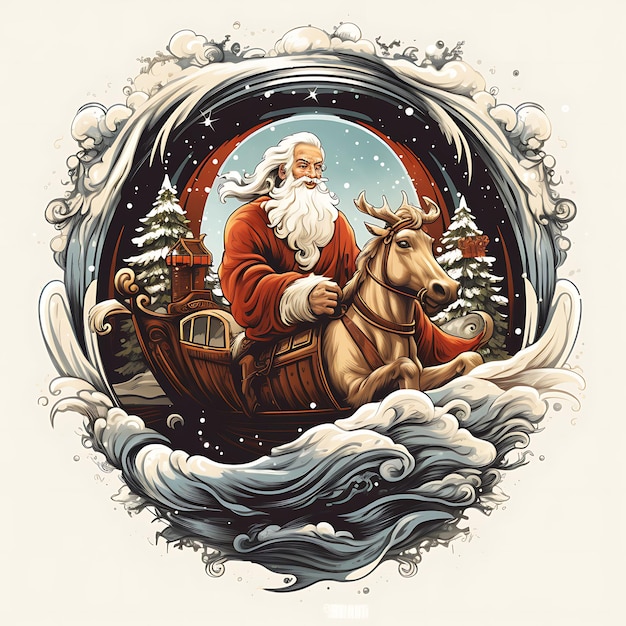 Ilustracja logo Santa Clausa na motocyklu na t-shircie na stałym tle