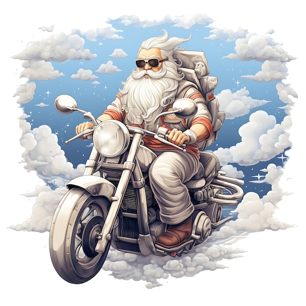 Ilustracja logo Santa Clausa na motocyklu na t-shircie na stałym tle