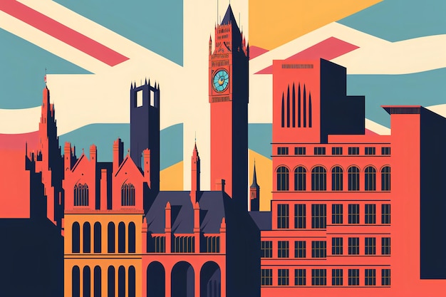 Ilustracja londyńskiej flagi angielskiej w tle wieży Big Ben