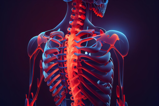 Ilustracja ludzkiego kręgosłupa kręgosłupa w czerwonym kolorze bólu i chorej koncepcji AI