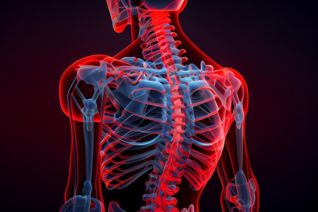Ilustracja ludzkiego kręgosłupa kręgosłupa w czerwonym kolorze bólu i chorej koncepcji AI