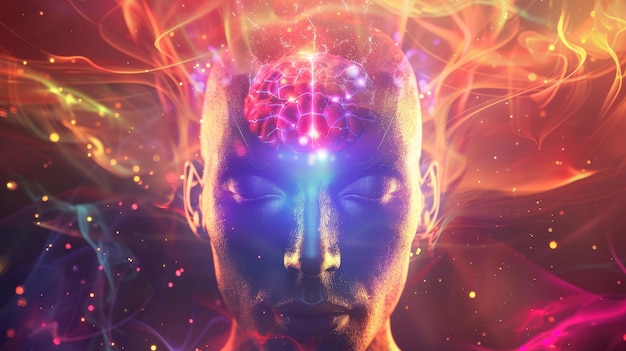 Zdjęcie ilustracja ludzkiej głowy z jasno świecącymi neuronami