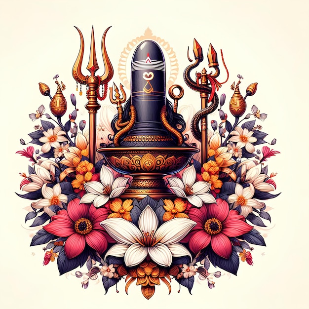 Ilustracja Maha Shivratri z trishul damru i kwiatami na białym tle