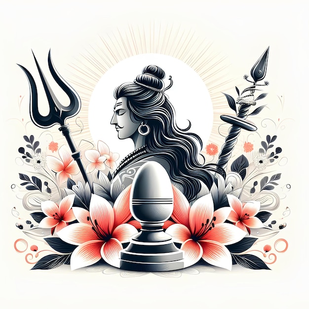 Ilustracja Maha Shivratri z trishul damru i kwiatami na białym tle
