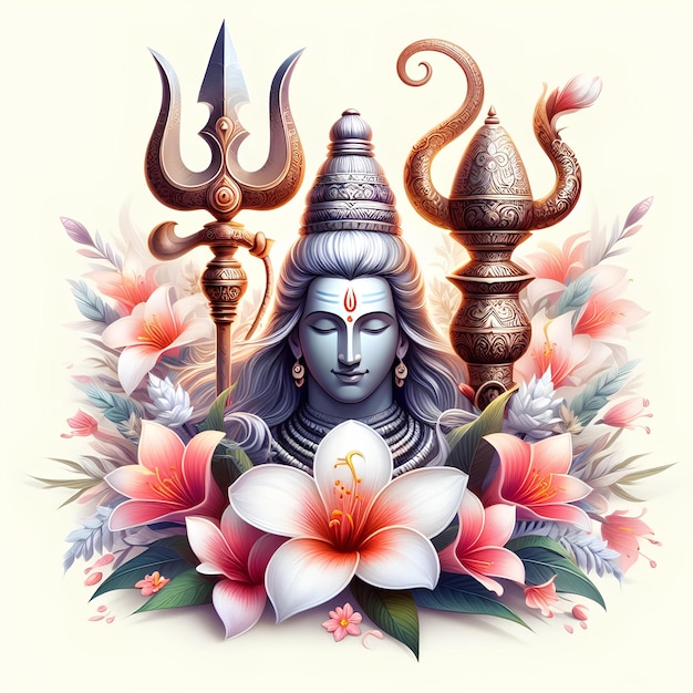 Ilustracja Maha Shivratri z trishul damru i kwiatami na białym tle