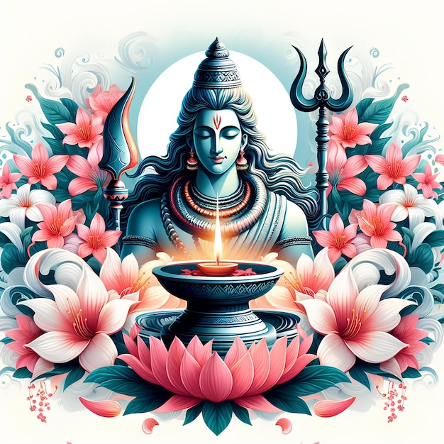 Ilustracja Maha Shivratri z trishul damru i kwiatami na białym tle