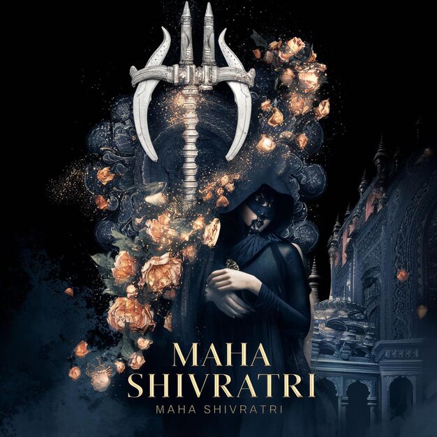 Ilustracja Maha Shivratri z trishul damru i kwiatami na czarnym tle