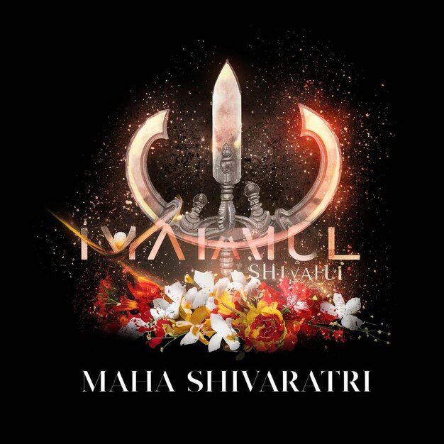 Ilustracja Maha Shivratri Z Trishul Damru I Kwiatami Na Czarnym Tle