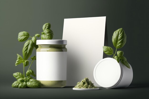 Zdjęcie ilustracja makiety słoika z bazyliowym pesto generation ai