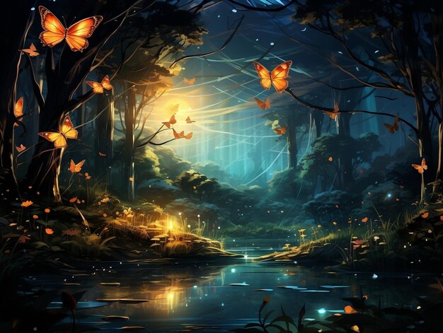 Zdjęcie ilustracja malarstwa z magicznymi świecącymi nocnymi motylami w lesie
