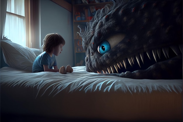Ilustracja małego chłopca boi się potwora w sypialni AI