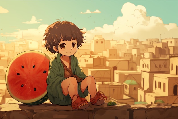 ilustracja małego dziecka siedzącego na arbuzie w Palestynie
