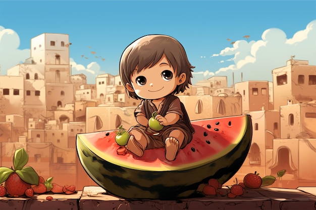 ilustracja małego dziecka siedzącego na arbuzie w Palestynie