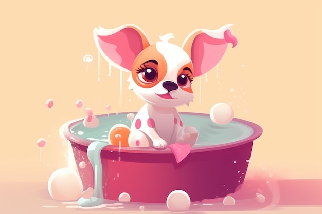 Ilustracja małego uroczego małego psa czekającego na kąpiel otoczonego bąbelkami Generatywna sztuczna inteligencja