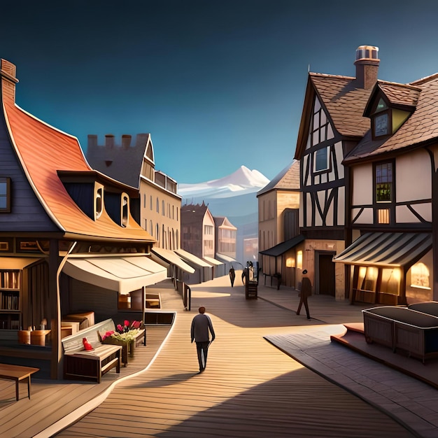 Ilustracja małej ulicznej wioski z idącym mężczyzną