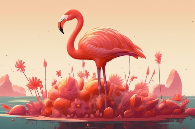 ilustracja małej wyspy z flamingiem Karta letnia karta podróżna plakat wakacje