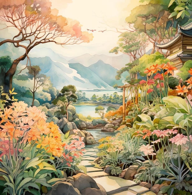 Ilustracja malowidła ścieżki drogowej na środku kwiatu z widokiem na góry
